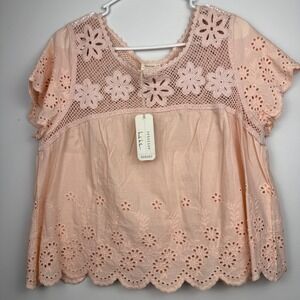 Atelier Nicole Miller Boho Eyelet Lace Blush Peasant Top Cotton M Crochet Floral